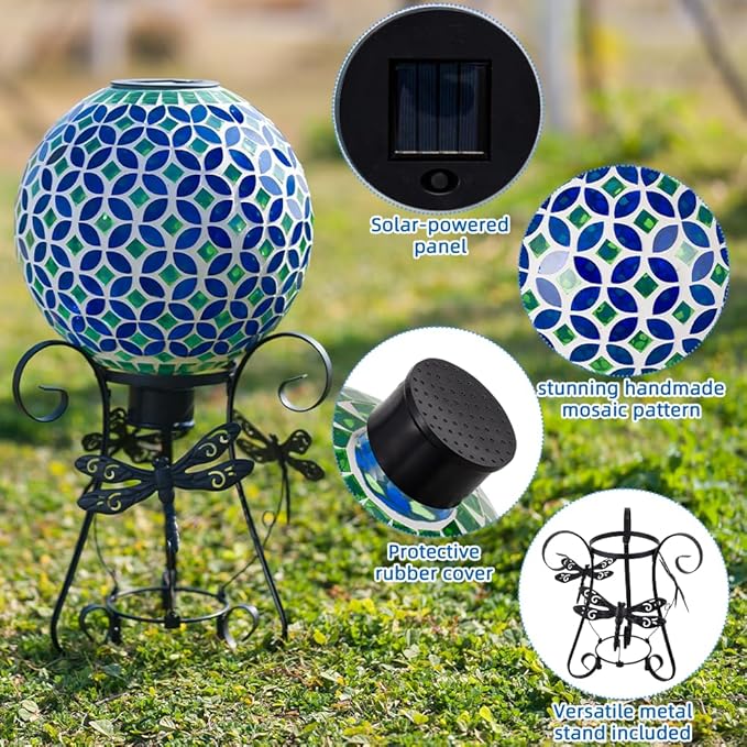 Stargarden Solar Gazing Ball, 10”Glass Gazing Globe, Mosaic Gazing Balls with Metal Ball Stand for Patio, Lawn, Garden Decor(Blue)