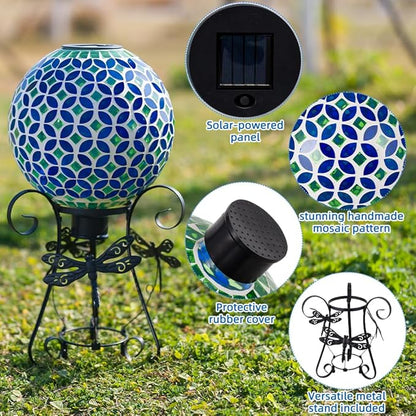 Stargarden Solar Gazing Ball, 10”Glass Gazing Globe, Mosaic Gazing Balls with Metal Ball Stand for Patio, Lawn, Garden Decor(Blue)