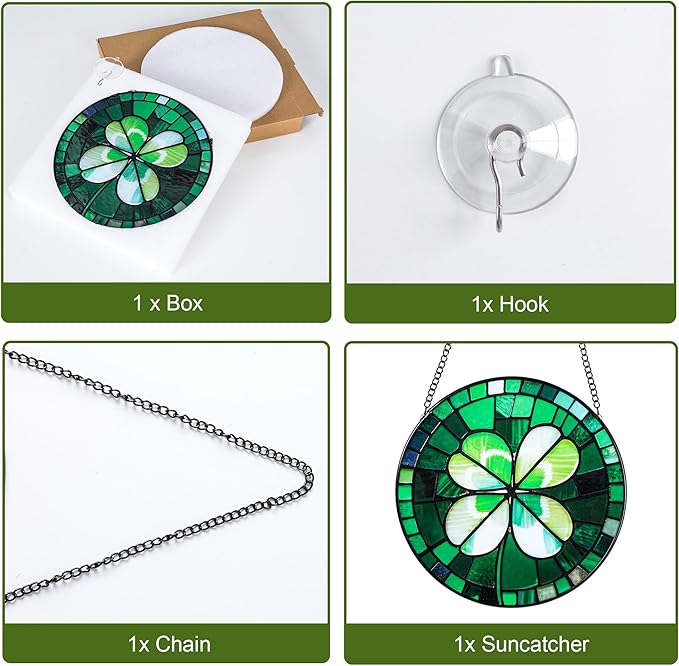 Stained Glass Window Hanging, Green Four Leaf Clover Suncatcher 7.8 in Sun Catcher Boho Wall Art Decor with Chain Diamond Glass Panel Hangings Scenery Sun Catchers Decor for Lover Couple Mom