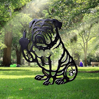 Funny Bulldog Metal Garden Decor Middle Finger Bulldog Dog, Large Garden Stakes Decorative Dogs Silhouette Statues for Yard Lawn Pathway Patio Ornaments (M 15"×20")