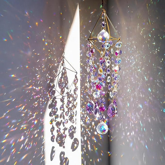 HDCRYSTALGIFTS 21.5inch Crystal Prisms Suncatcher for Window Hanging, Rainbow Maker Crystal Sun Catcher Indoor Window Glass Wind Chimes Home Garden Decor, Purple