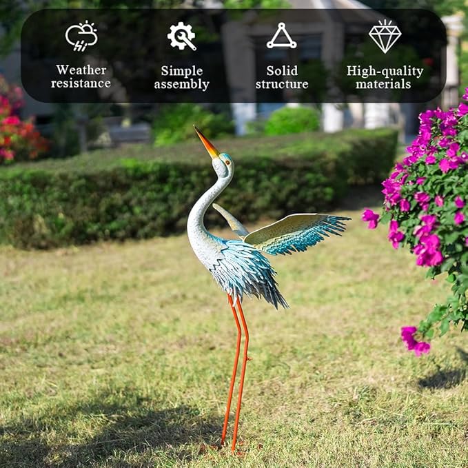 40" Metal Crane Garden Statue with Solar Light, Large Outdoor Heron Sculpture,Rust-Proof Garden Sculptures & Statues,Yard Art for Patio & Backyard