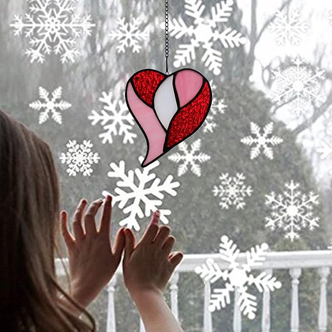 Red Heart Suncatchers Stained Glass Window Hanging, Handmade Heart Ornaments, Birthday Gift for Grandma Mom Sister Aunt,Valentines Day Gift