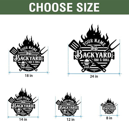 MeMate Backyard Sign and Decor Outdoor, Customized Backyard Bar and Grill Metal Sign, Personalized Outdoor Metal Signs, Large Plaque Wall Hanging Art for Patio, Men Caves, Restaurants