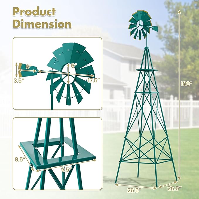 DREAMADE 8ft Steel Windmill, Farmhouse Windmill Decoration with Directional Vane, 4 Anchoring Stakes & Reinforced Base, Weather-Ready Garden Spinner for Backyard, Garden, Patios, Rural Areas (Green)