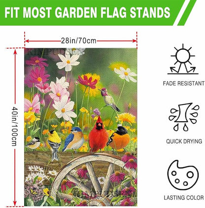 Spring Hummingbirds House Flag 28 x 40 Double Sided, Flower Birds Decorative Garden Flags for Anniversary Yard Outside Seasonal Decoration