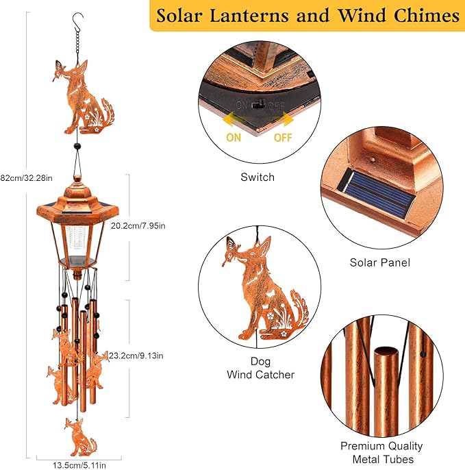 Large Solar Dog Wind Chimes with Wind Catcher/Solar Decor Light to Create a Zen Atmosphere Decor for Outdoor Garden Patio Balcony, Classic Bronze Wind Chimes, Gifts for Mom Grandma Women Wife Daughter