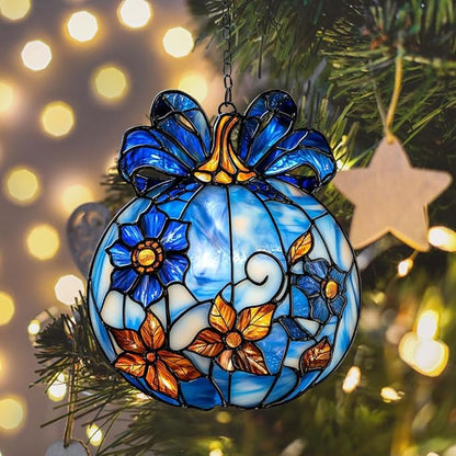 Blue Floral Pumpkin Acrylic Suncatcher Stained Glass Effect Window Car Hanging Christmas Ornament Indoor Outdoor Decor Garden Sun Catcher Panel for Halloween Lover for Women Mom Grandma