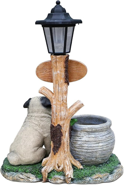 Solar Light Animal Outdoor Statue Planter with Welcome Sign, Resin Garden Sculpture Flower Pot for Patio Lawn Porch Yard Courtyard Decor, Weather-Resistant Decorative Figurine Accent (N)