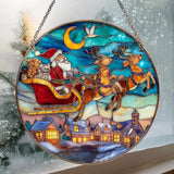 Santa Sleigh Christmas Mosaic Effect Acrylic Suncatcher Stained Glass Effect Window Car Hanging Christmas Ornament Indoor Outdoor Decor Garden Sun Catcher Panel for Women Mom Grandma