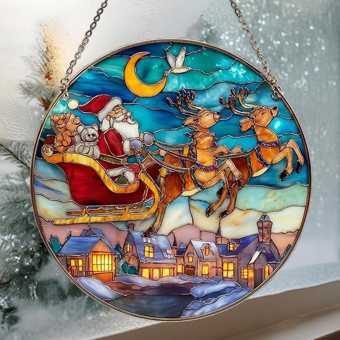 Santa Sleigh Christmas Mosaic Effect Acrylic Suncatcher Stained Glass Effect Window Car Hanging Christmas Ornament Indoor Outdoor Decor Garden Sun Catcher Panel for Women Mom Grandma