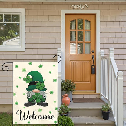 St Patrick’s Day Garden Flag 12x18 Inch Welcome Gnome with Shamrocks Double Sided Outdoor Yard Flags Irish Clover Decorations for Spring Porch Patio Lawn Farmhouse Seasonal Holiday Décor