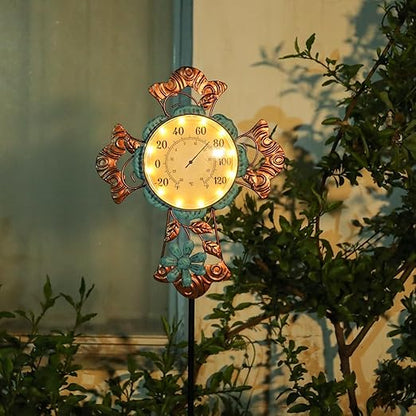 MUMTOP Outdoor Thermometers for Patio-Indoor Outdoor Wall Thermometer - Solar Led Light Cross and Flower Outside Decorative Temperature for Home or Garden Decor