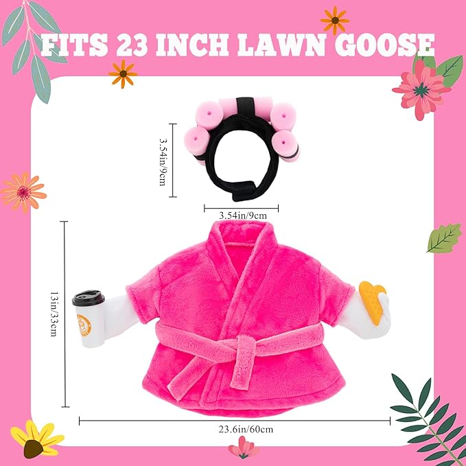 Porch Goose Outfit Fall Costume for 23'' Cement Goose Statue Winter Porch Goose Clothes Mamma Robe Self Care Outfit with Bathrobe Coffee Curlers for Outdoor Garden Yard Lawn Patio Decoration(Rose Red)