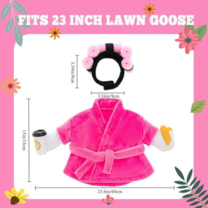 Porch Goose Outfit Fall Costume for 23'' Cement Goose Statue Winter Porch Goose Clothes Mamma Robe Self Care Outfit with Bathrobe Coffee Curlers for Outdoor Garden Yard Lawn Patio Decoration(Rose Red)