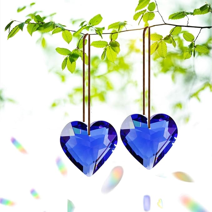 Together-life 2 Pack Heart Crystal Ball Prism Pendant, Clear Glass Crystal Suncatcher Rainbow Maker for Window, Indoor Outdoor Garden Hanging Décor(Blue)