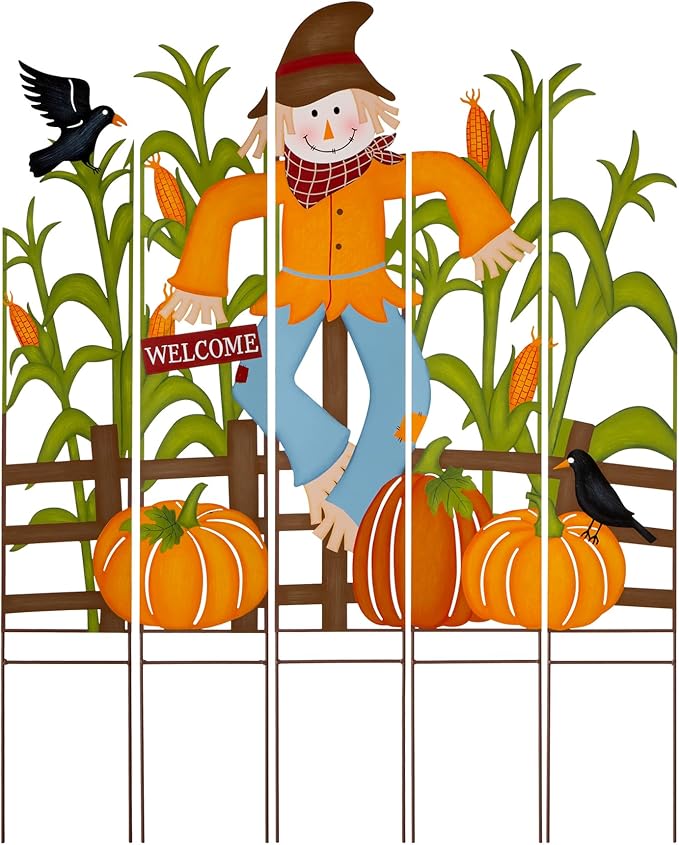 Glitzhome 5-Piece Modular Yard Stake Set, 41.5 Inch Scarecrow & Corn Fall Decor - Rust-Proof Metal Farmhouse Outdoor Decor for Thanksgiving Harvest