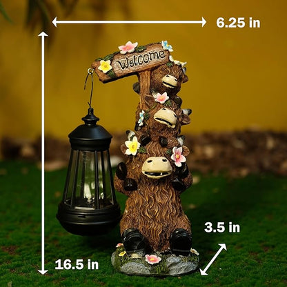 Solar Garden Statues Highland Cow Outdoor Decor Resin Highland Cow Figurine with LED Light Outside Lawn Yard Patio Balcony Gifts for Mom Women