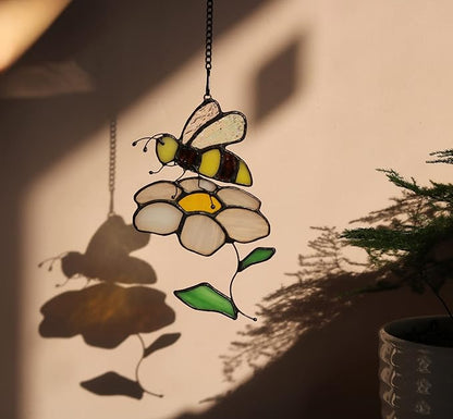 Bee Suncatcher Flower Stained Glass Window Hangings, Bees Decor Party Birthday Bee Gifts for Women,Bee Lovers, Housewarming Gifts.