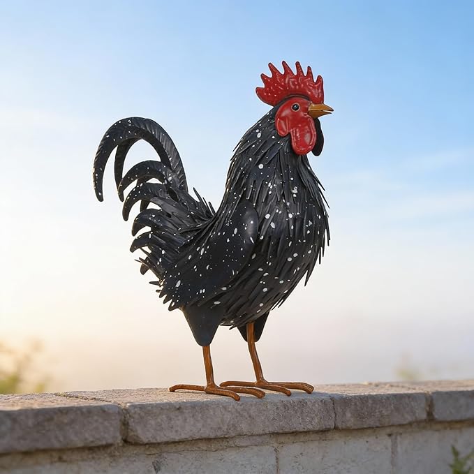 Ratuor Rooster Garden Statue Sculpture Metal Chicken Yard Decor Outdoor Figurines Patio Backyard Decoration (Black)