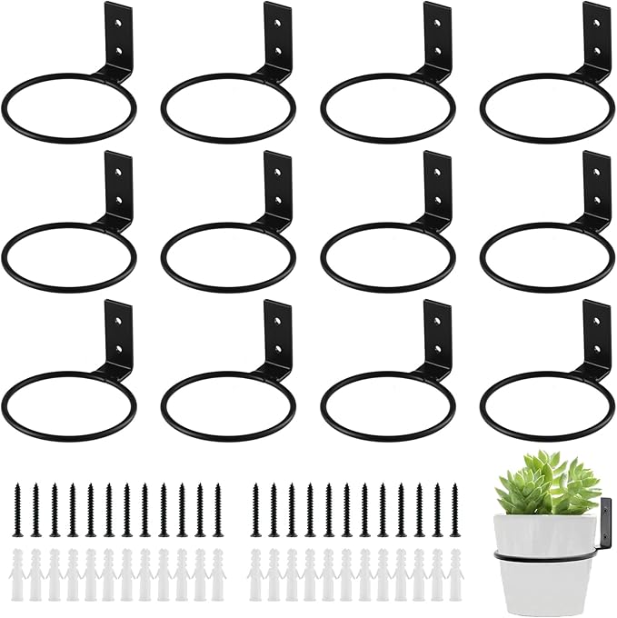 12-Pack 4 Inch Flower Pot Holder Ring Hanging Plant Holder Wall Mount Metal Plant Hangers Indoor Outdoor Planter Hooks Brackets for Patio, Garden, Home, Matte Black