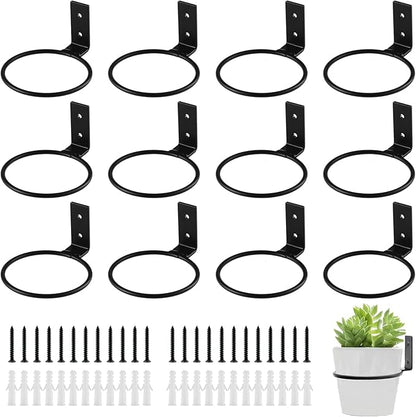 12-Pack 4 Inch Flower Pot Holder Ring Hanging Plant Holder Wall Mount Metal Plant Hangers Indoor Outdoor Planter Hooks Brackets for Patio, Garden, Home, Matte Black