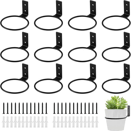 12-Pack 4 Inch Flower Pot Holder Ring Hanging Plant Holder Wall Mount Metal Plant Hangers Indoor Outdoor Planter Hooks Brackets for Patio, Garden, Home, Matte Black