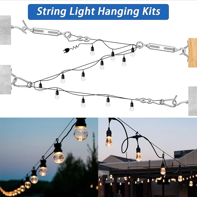 String Light Hanging Kit with 164FT Vinyl Coated 304 Stainless Steel Wire Rope, Globe String Light Suspension Kit, Outdoor Light Guide Wire Kit Included Turnbuckles, Enough Accessories, Use Manual