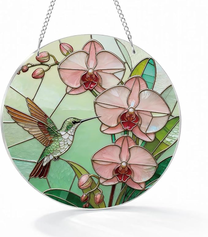 Hummingbird Flower Botanical Suncatcher for Windows Hanging, Beautiful Window Door Decoration, Home Garden Decors, Birds Lover Gift, Mother's Day Christmas Festival Gift for Women Men