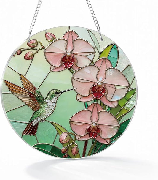 Hummingbird Flower Botanical Suncatcher for Windows Hanging, Beautiful Window Door Decoration, Home Garden Decors, Birds Lover Gift, Mother's Day Christmas Festival Gift for Women Men