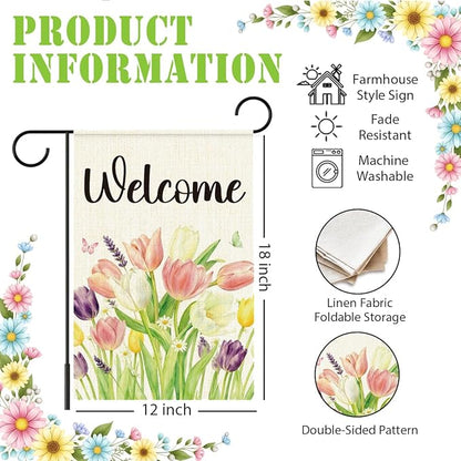 Spring Tulip Welcome Garden Flags for Outside,Welcome Spring Yard Flag for Lawn Porch Outdoor Spring Theme Decorations 12x18 Inch Double Sided