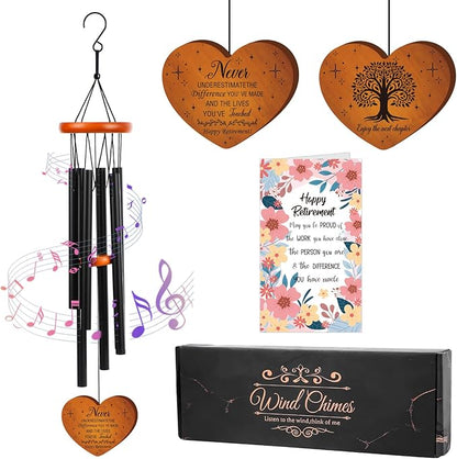 Retirement Gifts Wind Chimes for Women Men - Engraved Wooden Heart with Gift Box & Card, Happy Retirement Outdoor Garden Patio Hanging Decor, Farewell Gift for Coworker Teacher Bossr