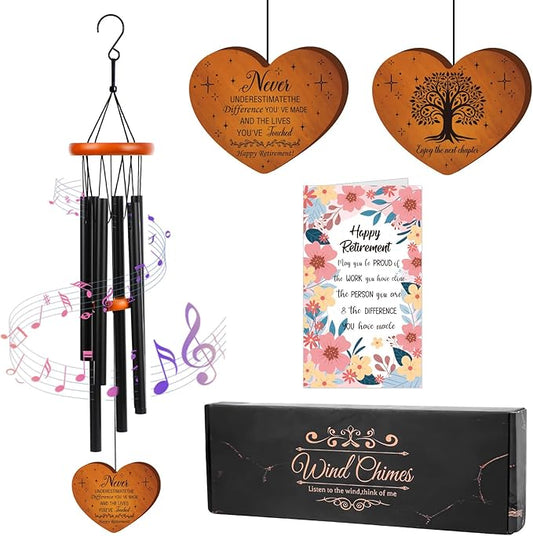 Retirement Gifts Wind Chimes for Women Men - Engraved Wooden Heart with Gift Box & Card, Happy Retirement Outdoor Garden Patio Hanging Decor, Farewell Gift for Coworker Teacher Bossr