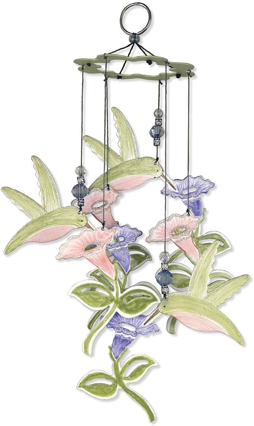 Sunset Vista Designs 80024 Small Outdoor Chimes Colorful Metal Garden Wind Chime for Patios Porches and More, 12-Inch, Hummingbird and Flowers