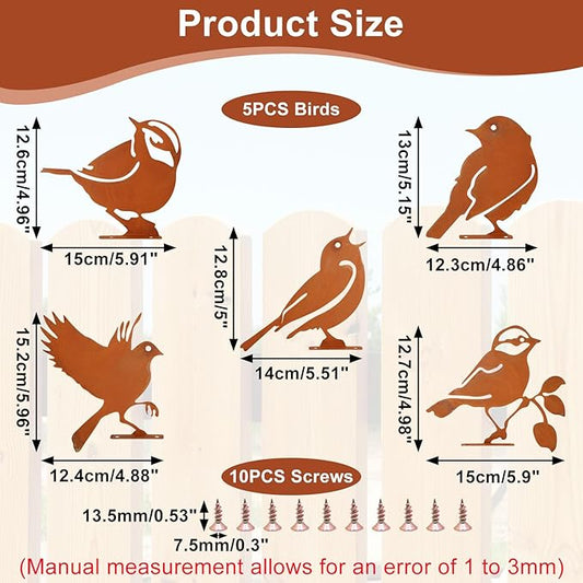 5PCS Metal Birds Fence Decoration, Outdoor Rusty Birds Garden Sculptures and Yard Art, Craft Statue Ornaments Rustic Farmhouse Garden Decor (Style 2)