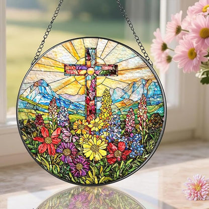 Stained Glass Suncatcher Window Hanging, 7.8 Inch Handmade Sunflower Garden suncatchers, Suncatcher Home Decor,Gift for Women, Mom, Grandma (Cross)