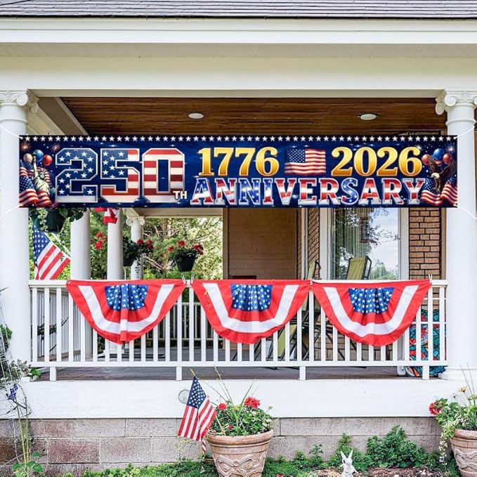 9.8 x 1.6 FT 250th Anniversary Banner, Red White Blue Stars Stripes Design for Independence Day, 1776-2026 250 Years Birthday, Patriotic Outdoor Yard Decor, Fence Banner Home Outside Decorations