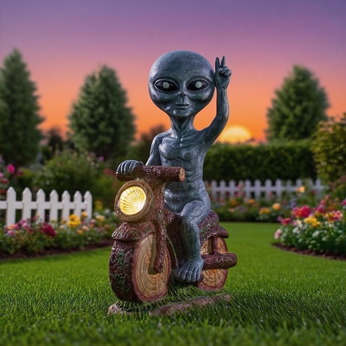 12.99 Inches Solar - Powered Alien Motorcycle Outdoor Decorative Statue. Ideal for adorning courtyards, lawns, and Balconies. Unique Housewarming Gift for Yards
