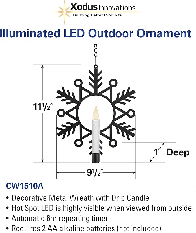CW1510A Battery Powered 12 Inch Metal Snowflake Window Wreath with Hot Spot Flickering Flameless Candle Light and Automatic Timer,