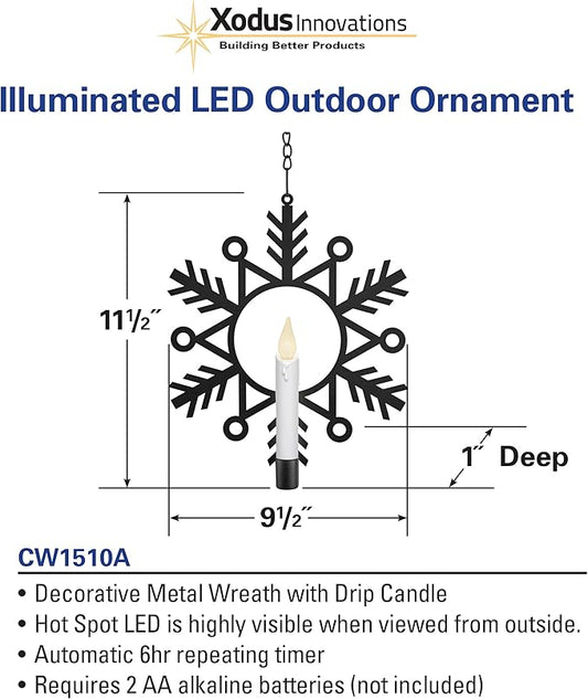 Xodus Innovations CW1510A 4 Battery Powered Metal Snowflake Window Wreaths with Hot Spot Flameless Candle Light and Automatic Timer