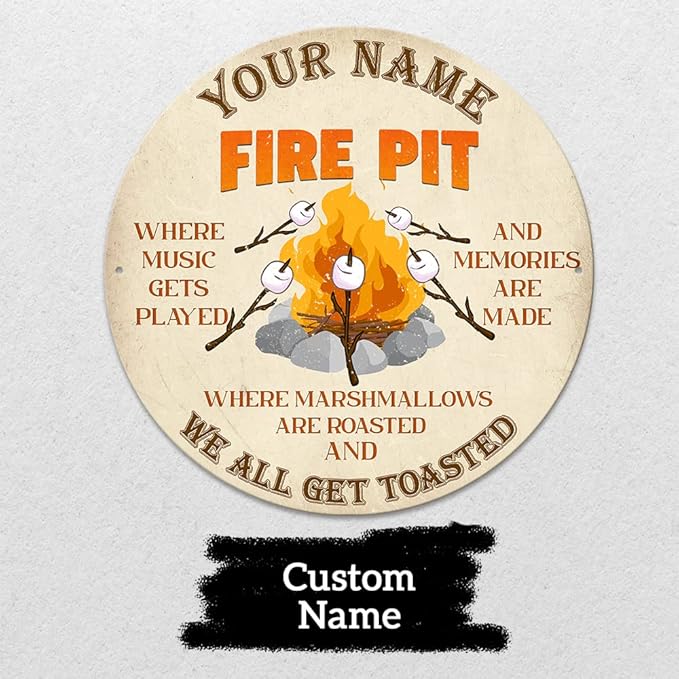 MeMate Personalized Name Signs - Customized Metal Signs for Backyard & Patio Decor, Marshmallow Toasting, Camping