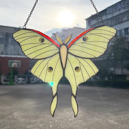 Green Luna Moth Stained Glass Window Hanging, Handmade Sun Catcher Glass Panel Wall Art Decor with Chain, Luna Moth Gifts for Women Mom Grandma, Outdoor Indoor Art Decor for Home Garden