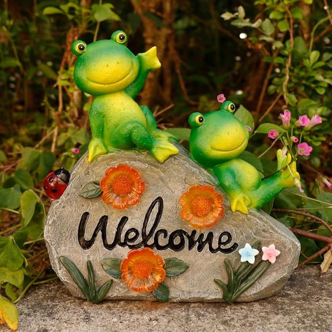 Generic Solar Garden Outdoor Statues Solar Frog Garden Decor Lawn Decor Frog Figurine for Patio with 4 LED Light Cute Frog Face with Solar Lights Gardening Gifts for Mom, Green