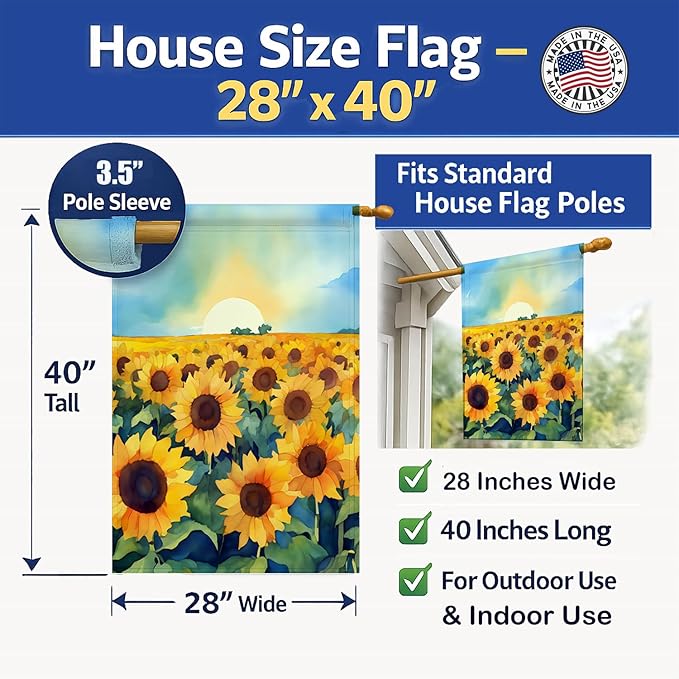 Caroline's Treasures Kansas Sunflowers in Watercolor House Flag Large Porch Sleeve Pole Decorative Outside Yard Banner Artwork Wall Hanging, Polyester, House Size, Multicolor