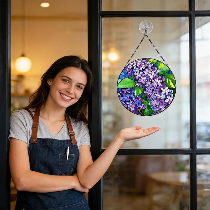 Purple Flowers Hanging Stained Glass for Window 7.87" Sun Catcher Garden Hanging Decoration Sun Catchers Colorful Glass Gifts for Women Mother's Day Valentine's Day Decorations Holiday