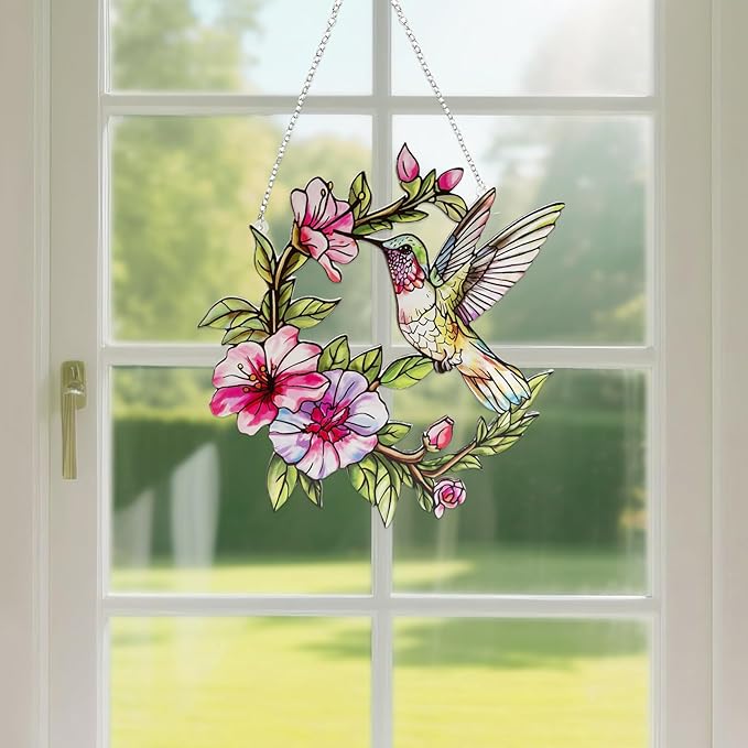 Stained Glass Window Hanging Hummingbird and Flower Suncatcher, Marzovitra 10 Inch Colorful Window Art Bird Sun Catcher for Home Decor, Garden, Patio, Gift for Nature and Bird Lovers