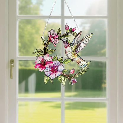 Stained Glass Window Hanging Hummingbird and Flower Suncatcher, Marzovitra 10 Inch Colorful Window Art Bird Sun Catcher for Home Decor, Garden, Patio, Gift for Nature and Bird Lovers