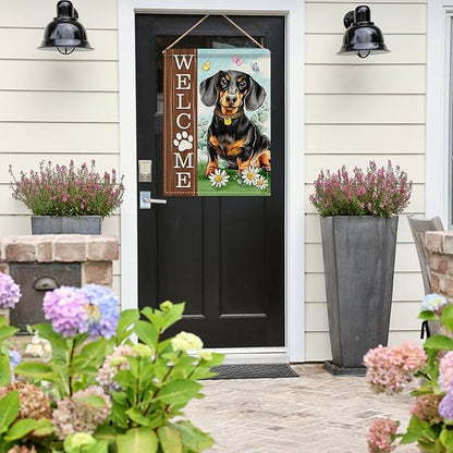 Dyrenson Welcome Dachshund Dog 28 x 40 House Flag Double Sided, Paw Prints Garden Yard Decoration Pet Owner Lover Gift, Spring Summer Burlap Outdoor Decor Decorative Large Flag