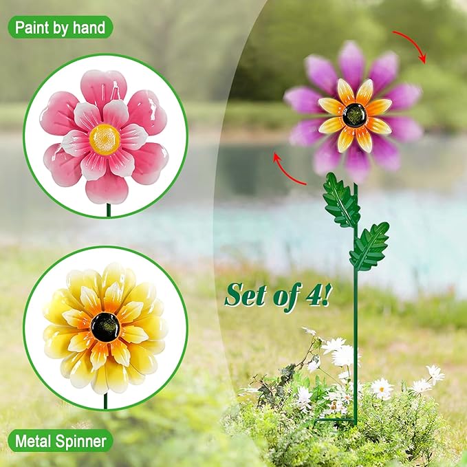 Wind Spinners Garden Decor,4 Pack Colorful Flower Garden Stakes for Outdoor Decorations,Metal Wind Spinner Yard Stake for Patio,Lawn
