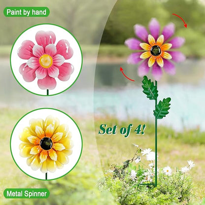 Wind Spinners Garden Decor,4 Pack Colorful Flower Garden Stakes for Outdoor Decorations,Metal Wind Spinner Yard Stake for Patio,Lawn